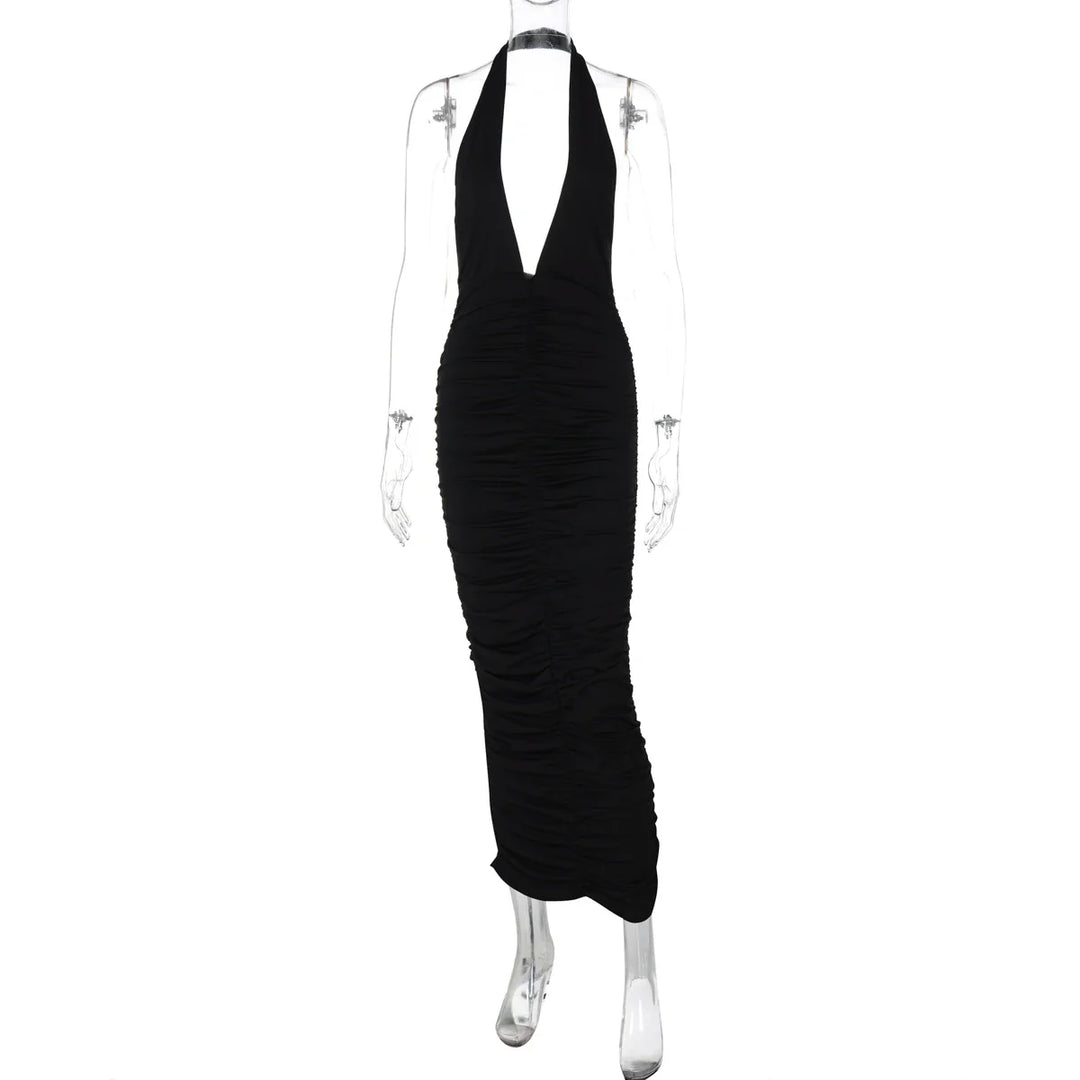 Maxi Dress with Collar, Ruching, Fitted V-Neck, Open Back - Jimena