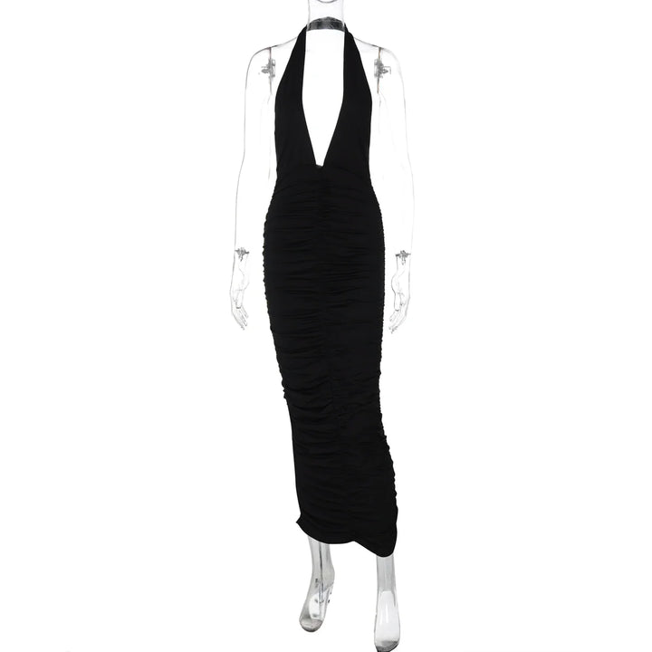 Maxi Dress with Collar, Ruching, Fitted V-Neck, Open Back - Jimena