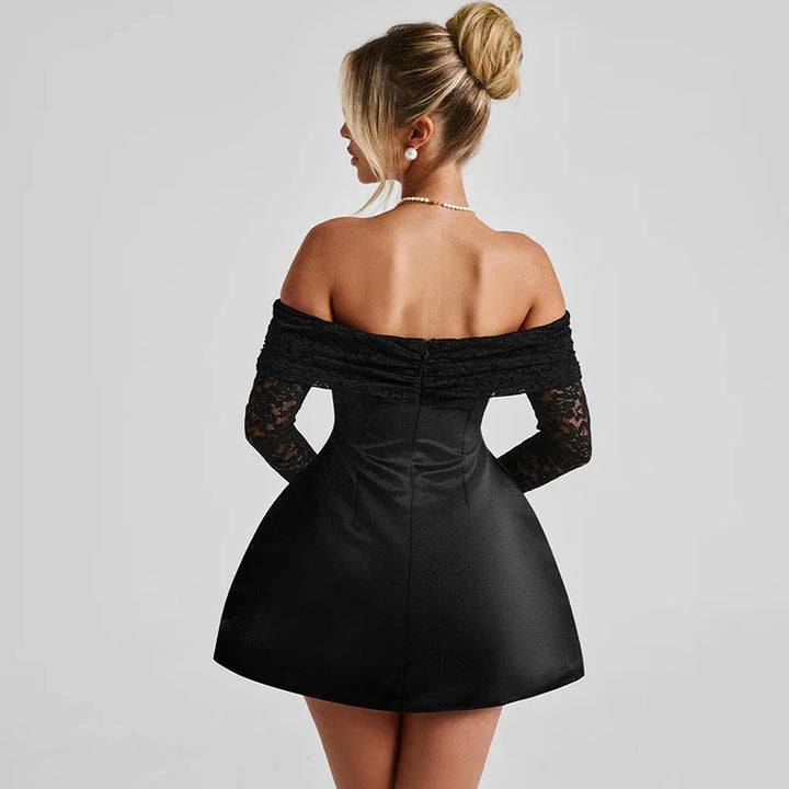 Satin mini dress with off-shoulder and lace sleeves - AMALIA