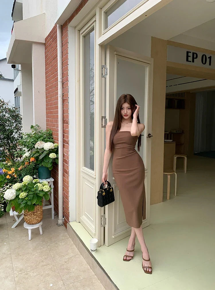 Elegant Strapless Midi Dress with Slit Decoration - Coral