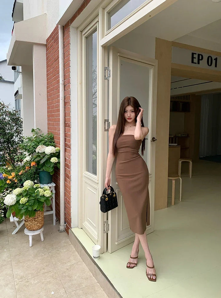 Elegant Strapless Midi Dress with Slit Decoration - Coral