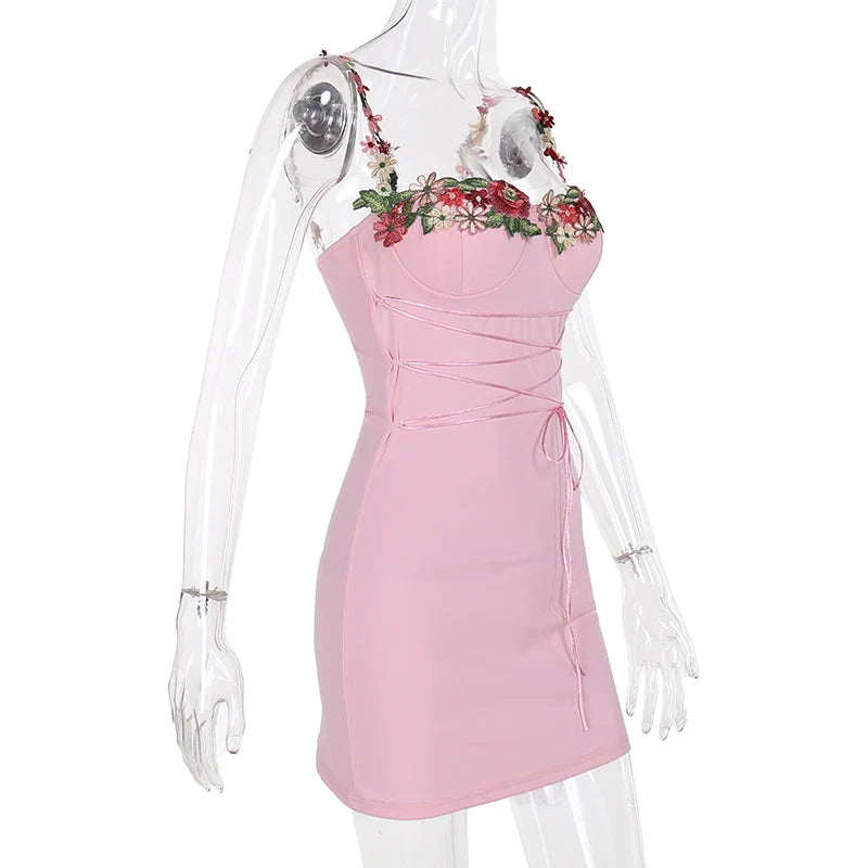Mini Dress with Embroidery and Flower Straps with Satin Tie String Decoration - Lilia