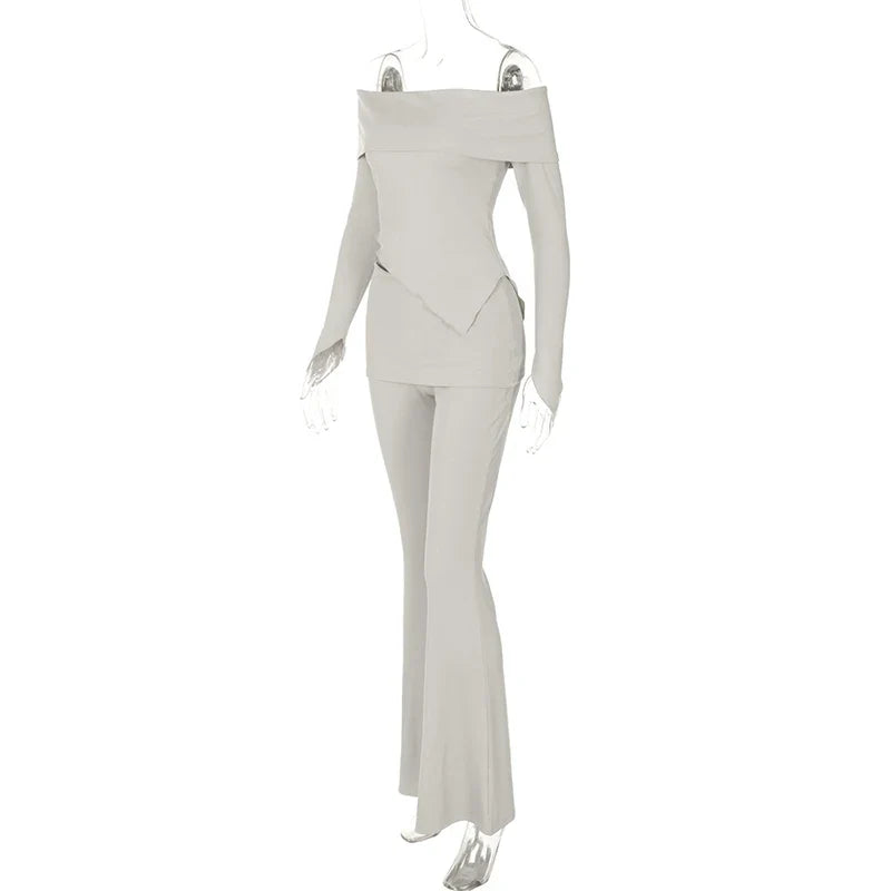 Two-piece knitted set with asymmetrical off-shoulder top and long pants - ROZIE