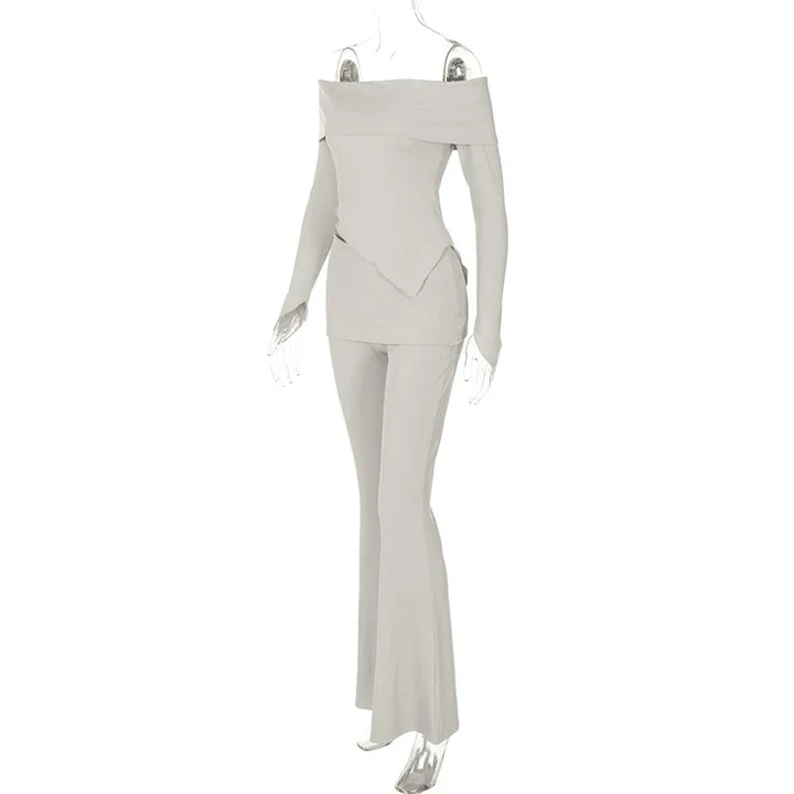 Two-piece knitted set with asymmetrical off-shoulder top and long pants - ROZIE