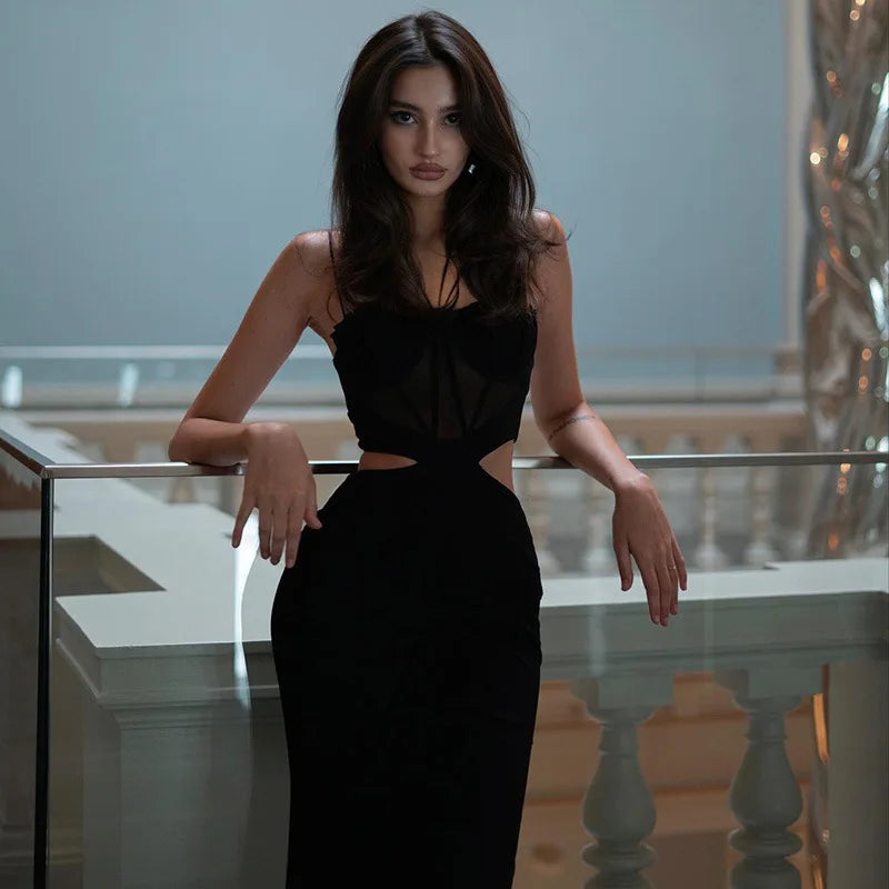 Maxi Evening Dress with Cutouts, Shirring, and Ties - Erica