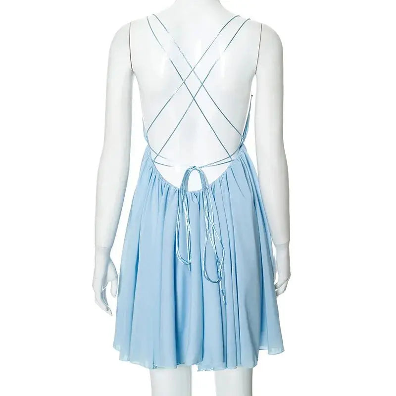 Ruffled Chiffon Mini Dress with Back Ties - Tulum