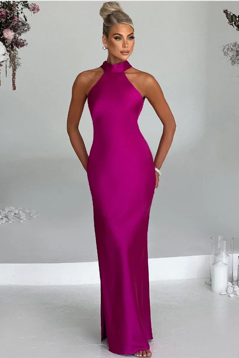 Maxi Satin Collar Dress with Slit Detail - Amari