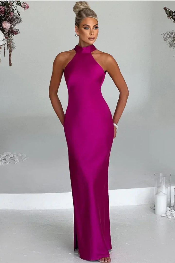 Maxi Satin Collar Dress with Slit Detail - Amari