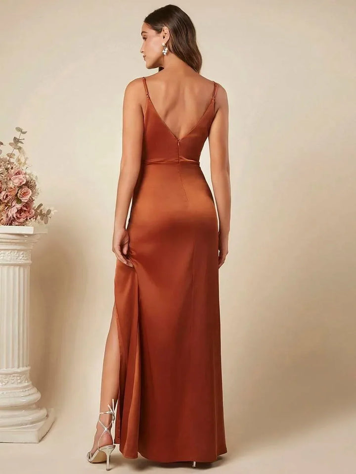 Elegant Maxi Satin Dress with Slit Detail - Reina