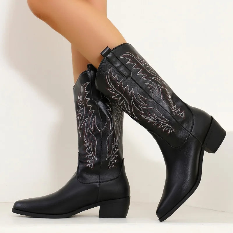 Faux Leather Cowboy Boots with Embroidered Illustrations - Tansy