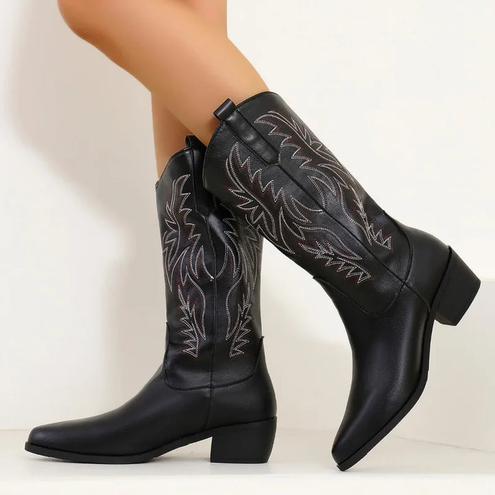 Faux Leather Cowboy Boots with Embroidered Illustrations - Tansy