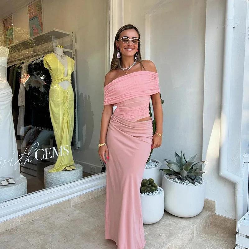 Maxi dress with ruching, mesh design and off-shoulder - Keshet