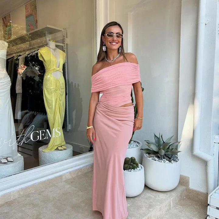 Maxi dress with ruching, mesh design and off-shoulder - Keshet