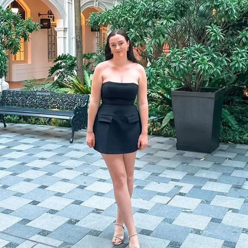 Strapless A-Line Mini Dress with Faux Pocket Detail - Angeles