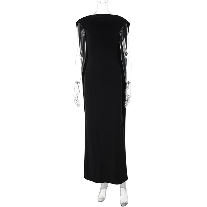 Elegant evening maxi dress with open back and train decoration - Ataret