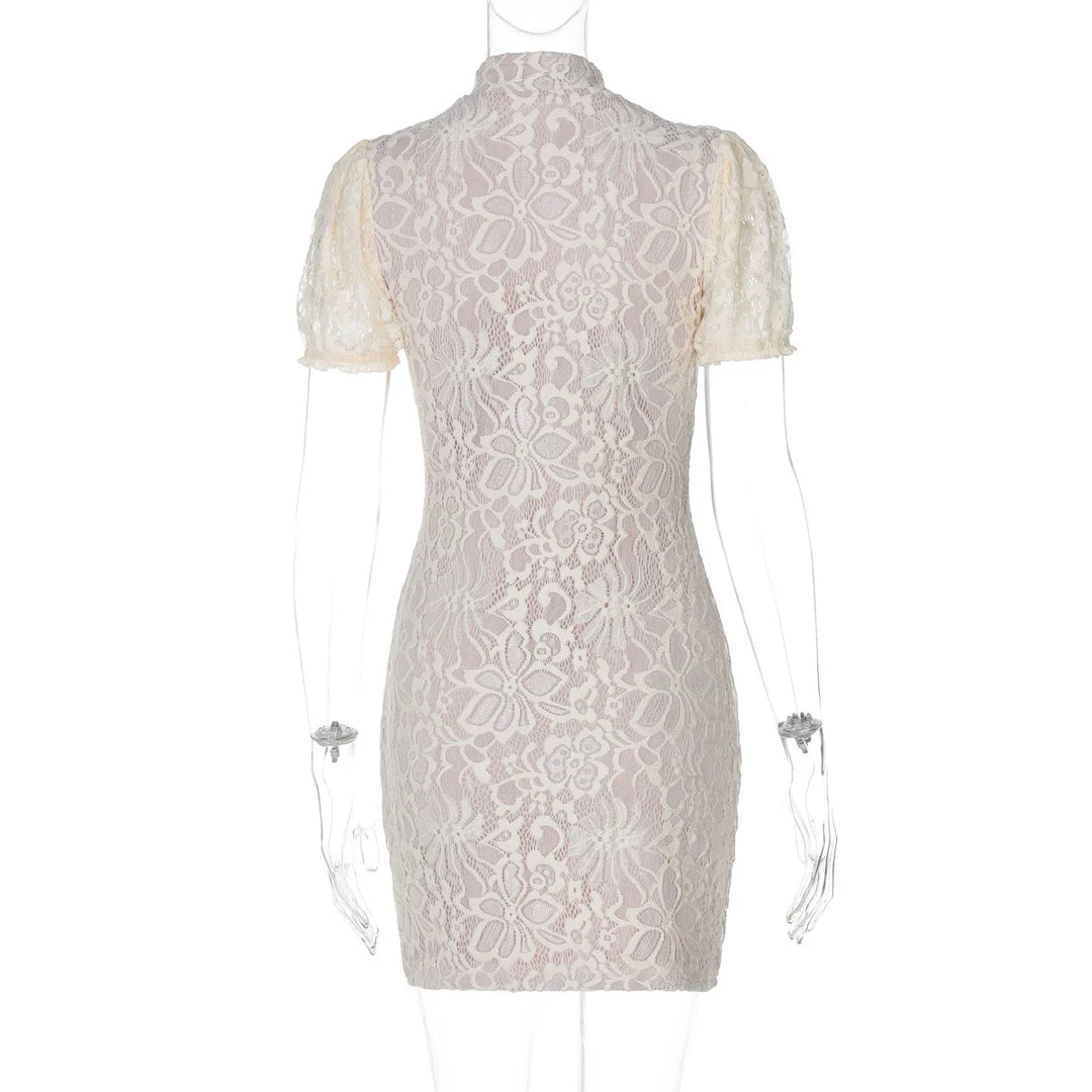 Lace mini dress with turtleneck collar and button decoration - Kimora