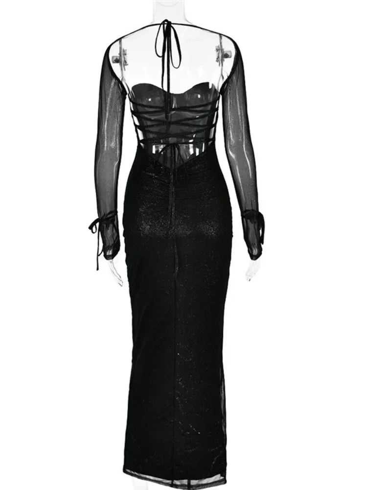 Sequin Maxi Dress with Slit and Open Back Tie Detail - Leila