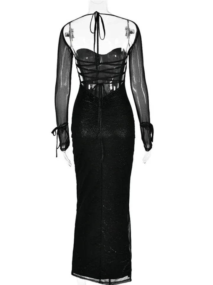 Sequin Maxi Dress with Slit and Open Back Tie Detail - Leila