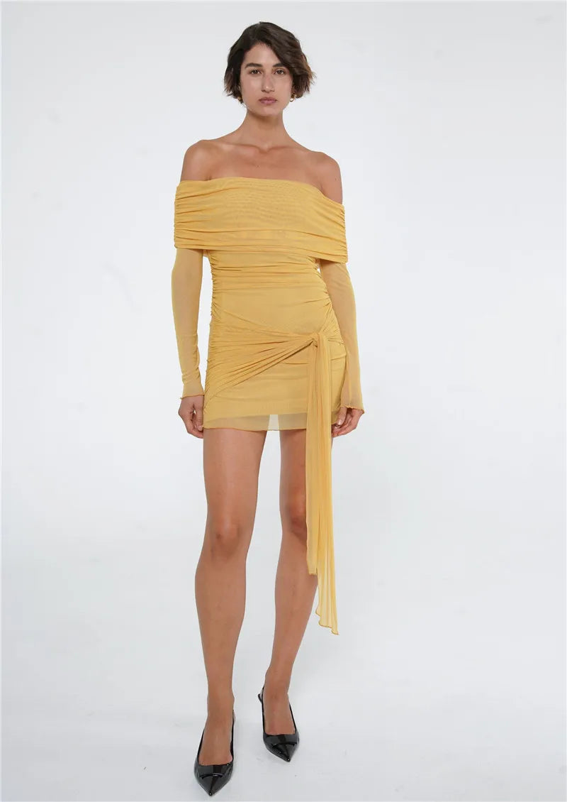 Chiffon mini dress with off-shoulder tie design - CAMI