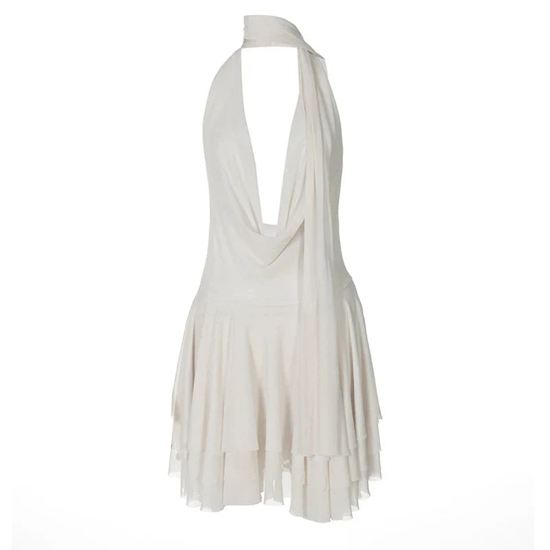 Chiffon Mini Dress with Ruffle, Open Back, Dropped Collar, and Matching Scarf Decoration - Lexi