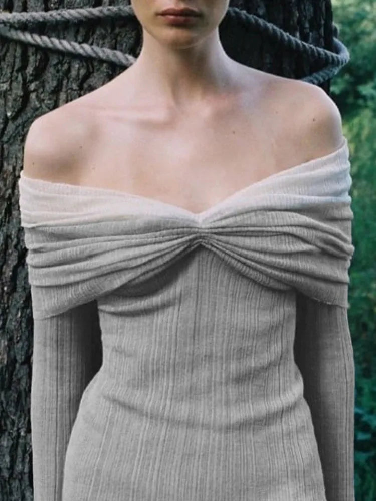 Knitted mini dress with off-shoulder ruching and bell sleeves - Belle