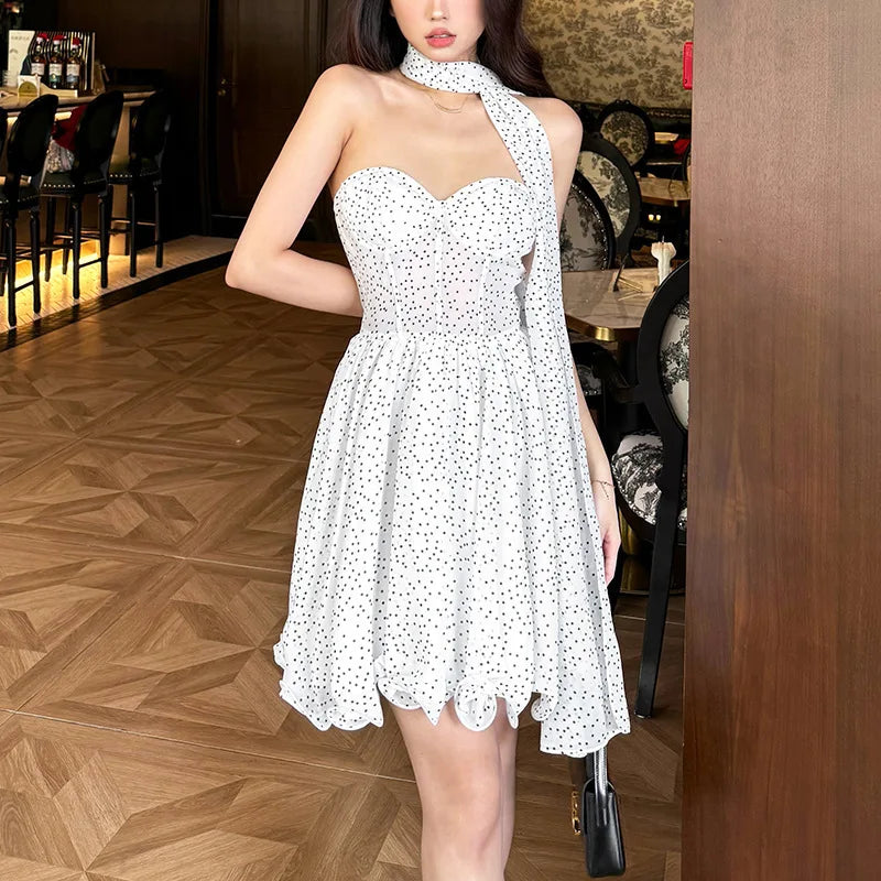 Mini Strapless Ruffle Dress with Corset Design, Polka Dot Detail and Matching Scarf - Milia