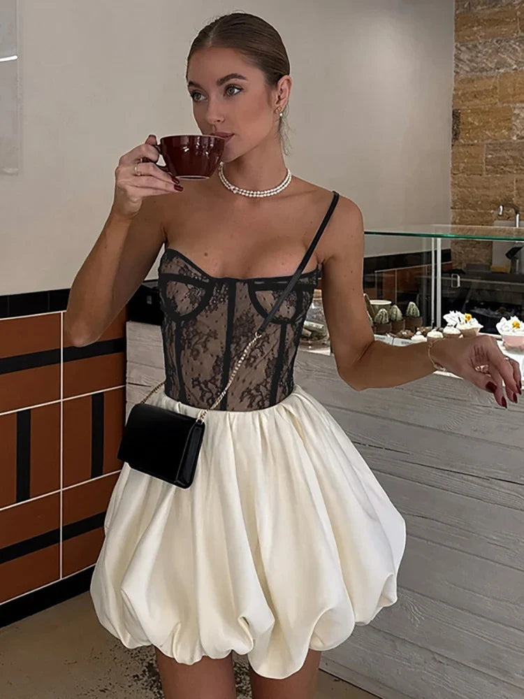 Strapless Balloon Mini Dress with Lace Ruffle Design - Amari