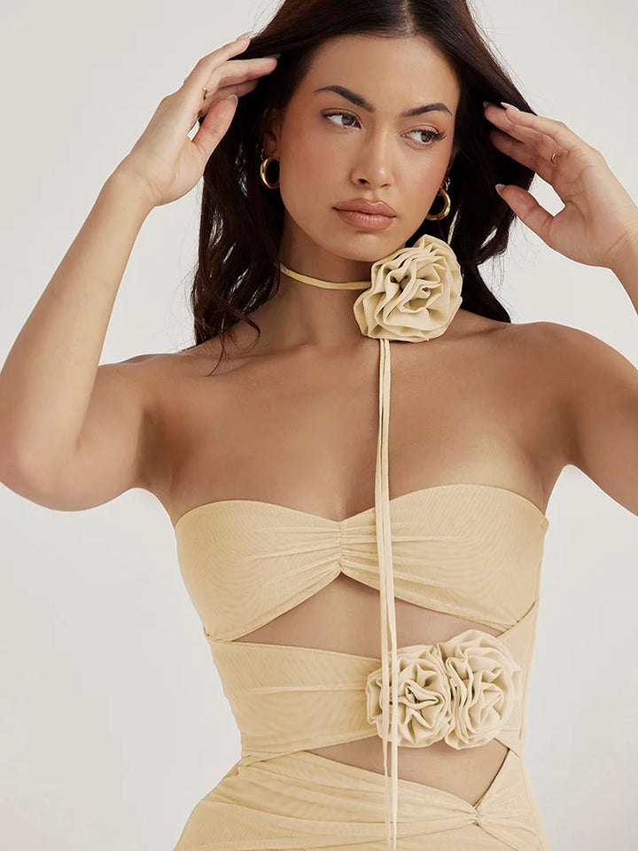 Strapless fitted ruched mini dress with cutouts and floral appliqué - Mabel