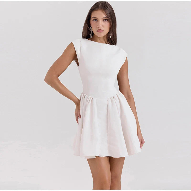 Linen Mini Dress in A-Line with Open Back - Marilyn