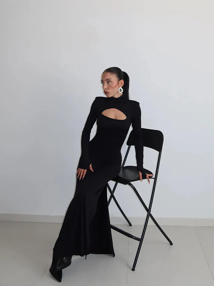 Elegant Maxi Dress with Slit Decoration and Turtleneck Collar - Eliana