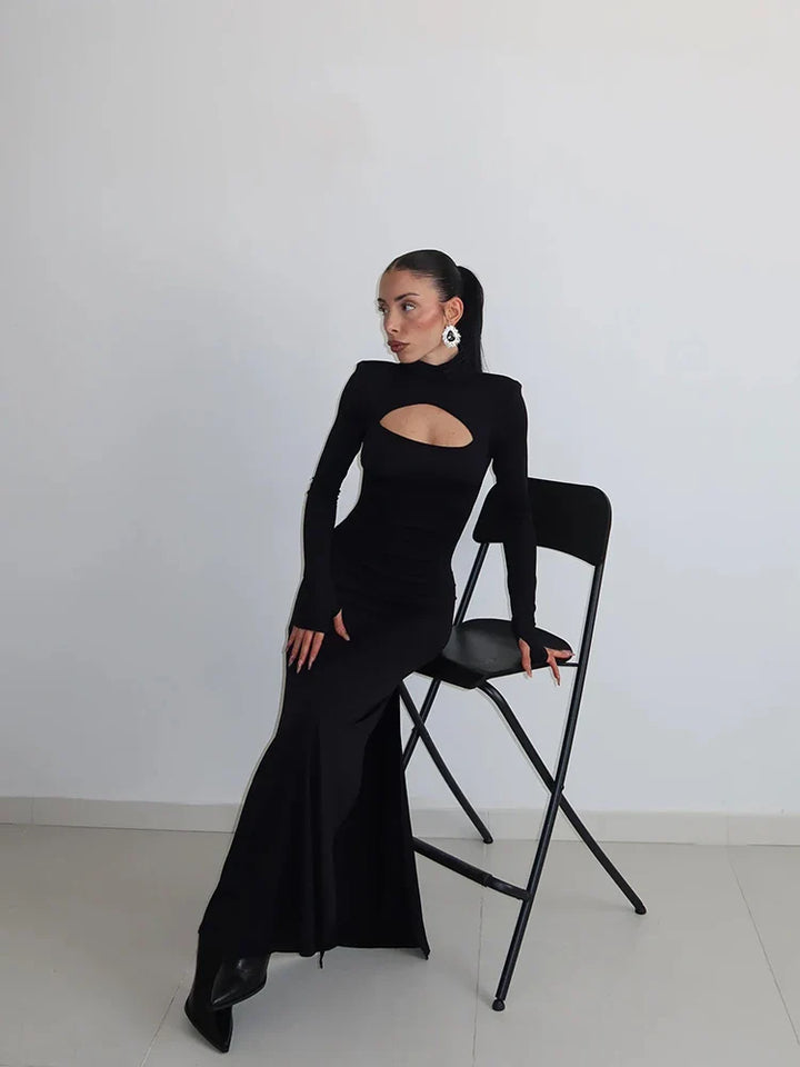 Elegant Maxi Dress with Slit Decoration and Turtleneck Collar - Eliana