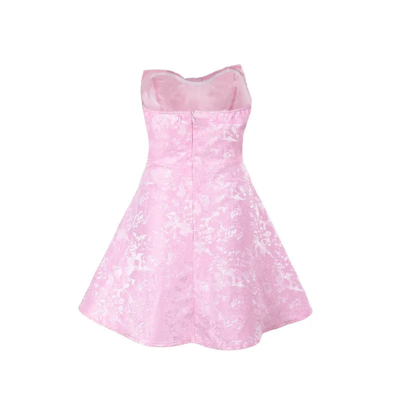 Mini Strapless A-Line Dress with Bow and Floral Embroidery Detail - Alina