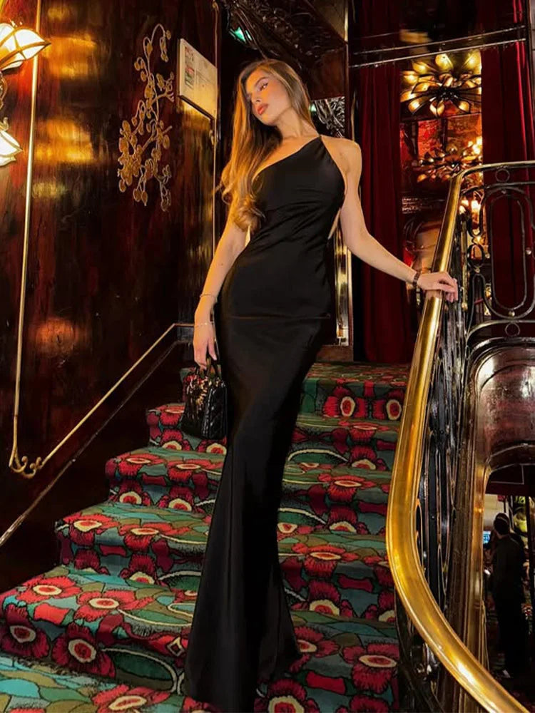 Satin Maxi Dress with Open Back, Lace Detail, One Shoulder Strap - Dakota