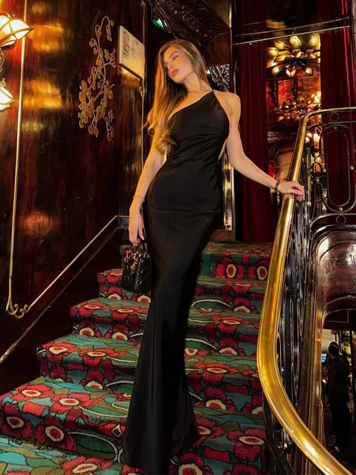 Satin Maxi Dress with Open Back, Lace Detail, One Shoulder Strap - Dakota