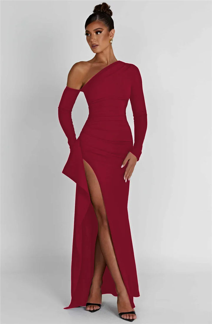 Ruffled maxi dress with shoulder slit and off-shoulder design - Melania