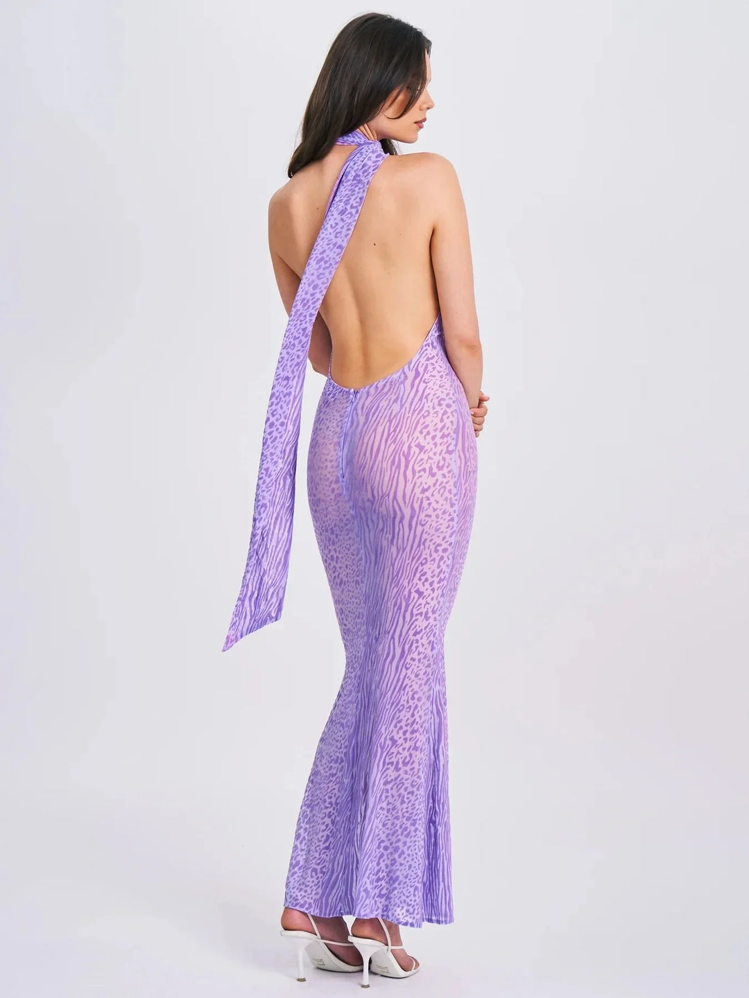 Leopard Print Mesh Maxi Dress with Open Back and Neck Tie - Jessica