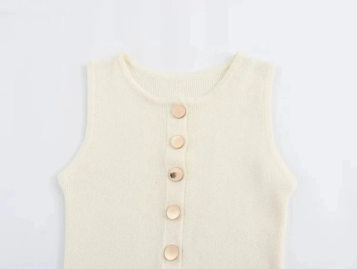 Elegant Knitted Midi Dress with Button Decoration and Small Slit - Pierre