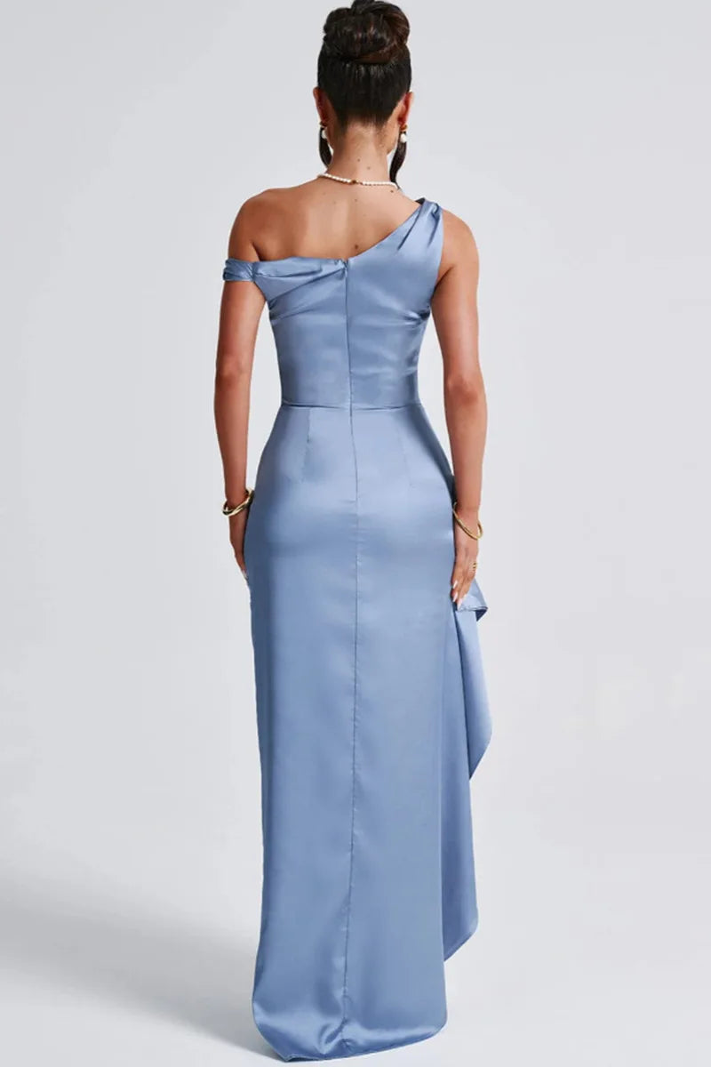 Satin Maxi Dress with Slit and One Shoulder Design - Emiliana