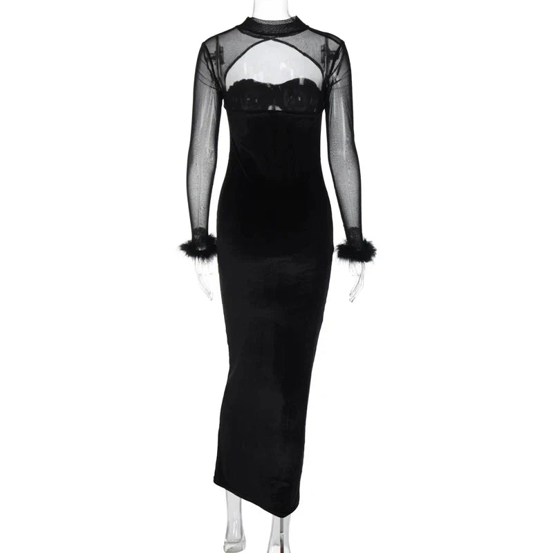 Strapless Velvet Maxi Dress with Corset Design and Mesh Feather Sleeve Detail - Elaina