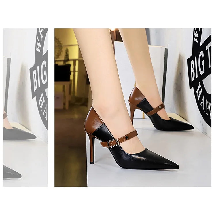 Faux Leather Pointed Heel Shoes with Buckle Decoration - Margaret