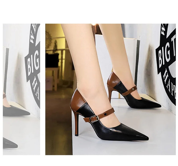 Faux Leather Pointed Heel Shoes with Buckle Decoration - Margaret