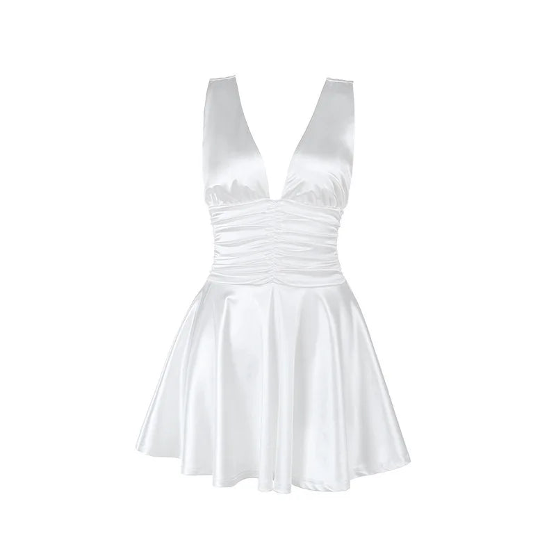 Satin mini dress with ruching and tie design on the straps - Celia