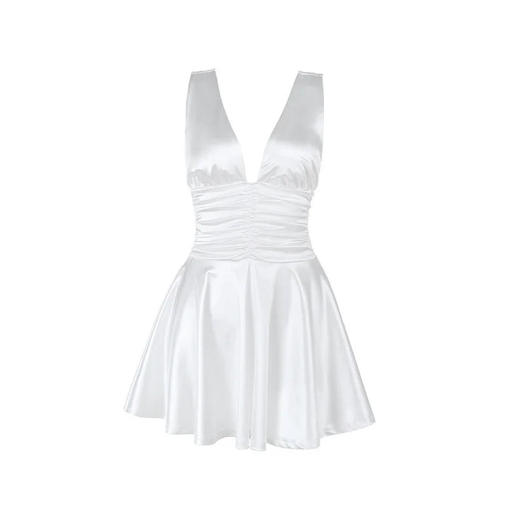 Satin mini dress with ruching and tie design on the straps - Celia