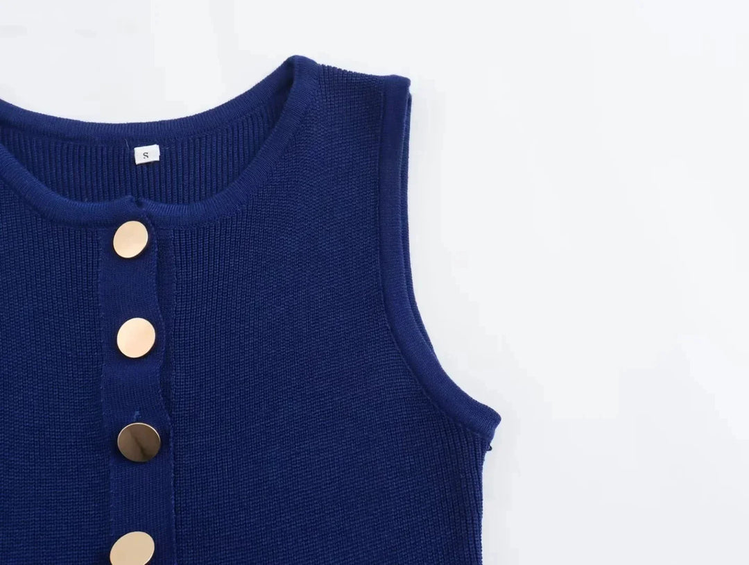 Elegant Knitted Midi Dress with Button Decoration and Small Slit - Pierre