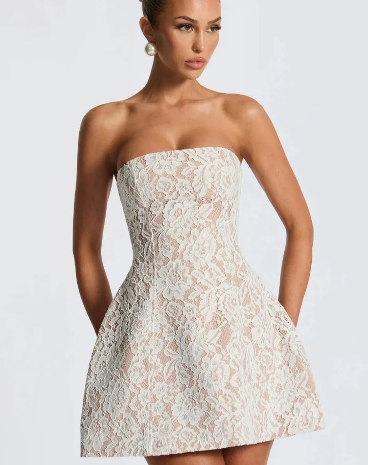 Lace mini dress in A-line cut with matching sleeve details - Ann