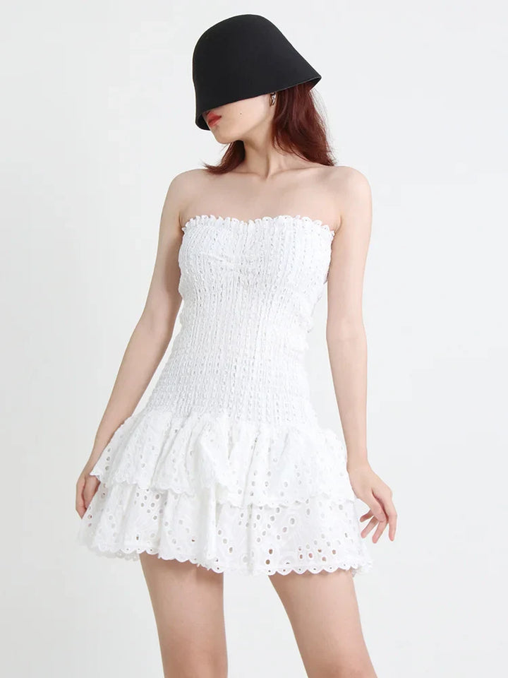 Strapless Mini Dress with Ruching and Ruffle - Diane
