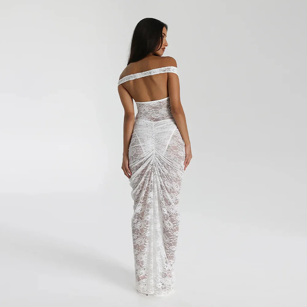 Maxi Lace Dress with Off-Shoulder and Slit Design - Emiliana