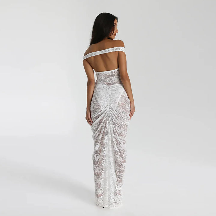 Maxi Lace Dress with Off-Shoulder and Slit Design - Emiliana