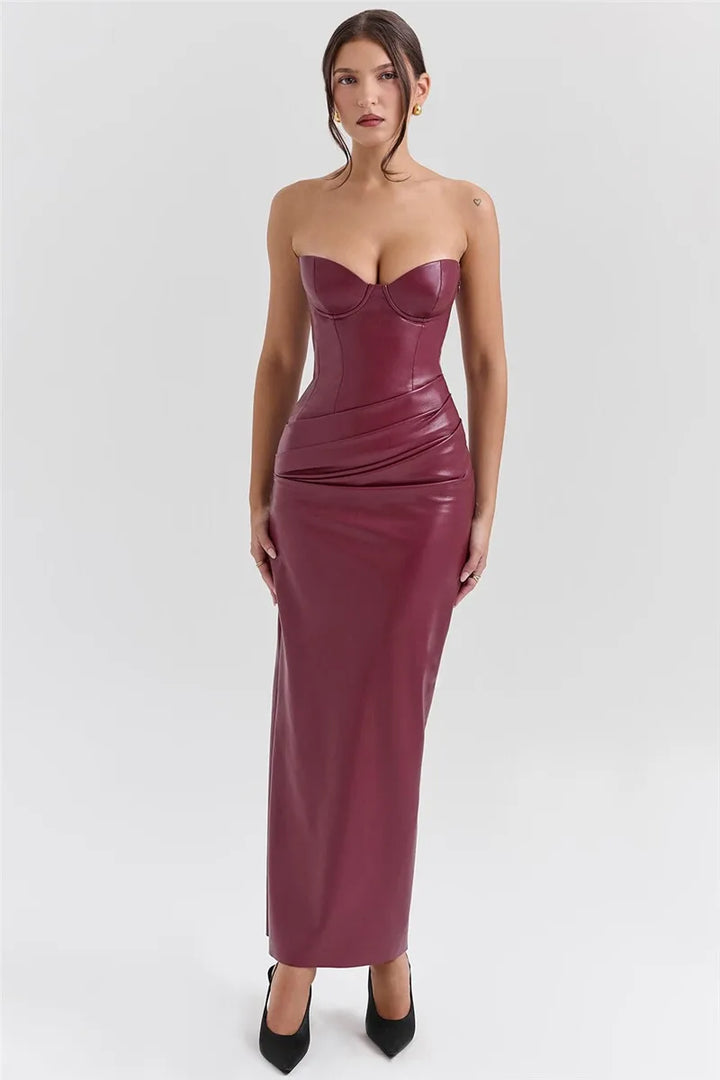 Strapless faux leather maxi dress with ruching and slit design - Marian