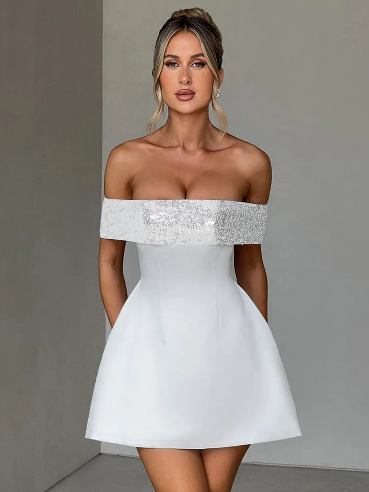A-Line Mini Dress with Off-Shoulder Sequin Decoration - Lorian